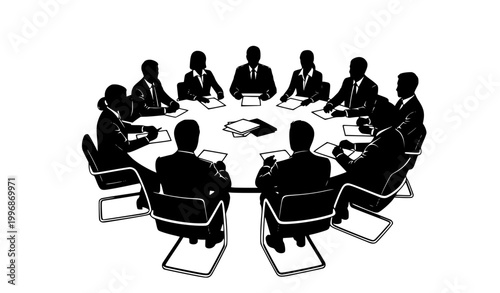 Business meeting silhouettes black vector professionals around table teamwork collaboration illustration