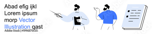 Workplace collaboration, education, training, presentation, teamwork, office communication. Two male figures discussing ideas and a clipboard with documents. Collaboration and education
