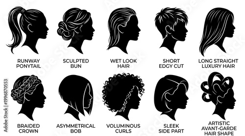 Black and White Line Art Silhouettes of Women's Hairstyles