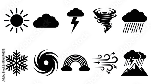 Weather Icons Set: Sun, Clouds, Storms, Tornado, Snow, Rainbow, Wind, Mountains