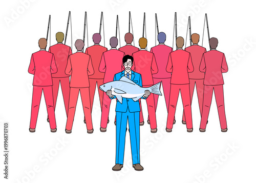 Business concept. Many businessmen in red suits are fishing representing a Red Ocean Strategy, A businessman in a blue suit holds a fish in his hand representing a blue Ocean Strategy. Illustration.