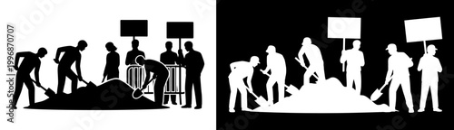 A group of workers in silhouette hold shovels and signs, protesting or demonstrating for their rights in a bold, graphic illustration.