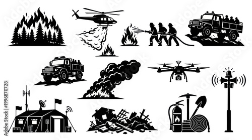 Emergency Disaster Relief Firefighting Rescue Services Black White Glyph Icons