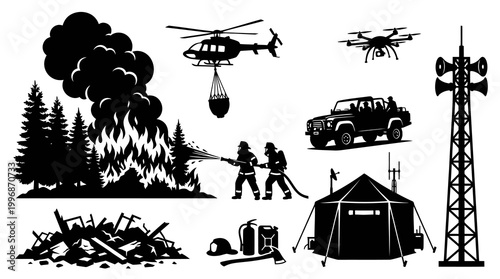 Disaster  Wildfire Emergency Response Vector Icons Set: Firefighters, Helicopter, Gear Silhouettes