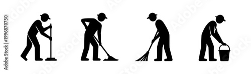 A silhouette of a man in various cleaning poses, including sweeping, mopping, and carrying a bucket, showcasing different tasks and activities.