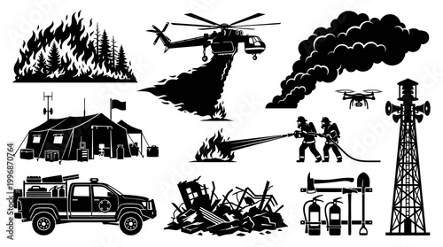 Firefighting and Emergency Services Black  White Icons Set. Disaster Response Glyphs.