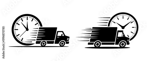 A truck is shown speeding past a clock, highlighting the importance of quick and efficient delivery in logistics and transportation, with the truck and clock in silhouette.