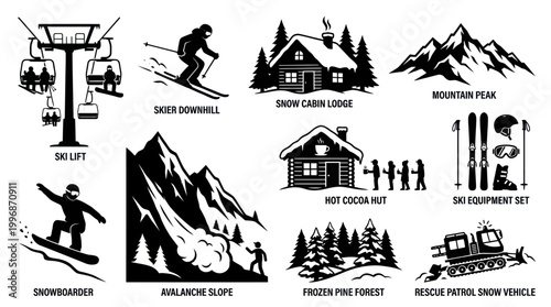Mountain Winter Sports Recreation Silhouette Icon Set - Ski, Snowboard, Cabin, Avalanche