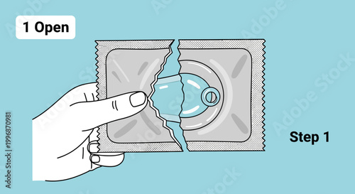 Vector condom packaging illustration, safety guide, step 1, health education, protective measures