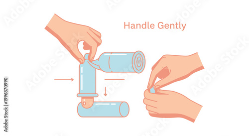 Vector illustration of assembling cylindrical components, Handle Gently, industrial parts, blue mechanical pieces, assembly instructions
