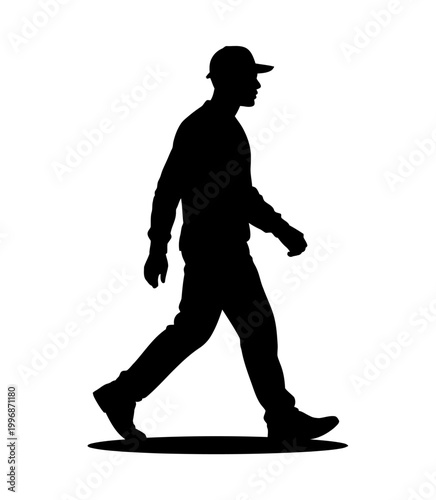 A black silhouette of a man walking against a white background, conveying a sense of movement and action.