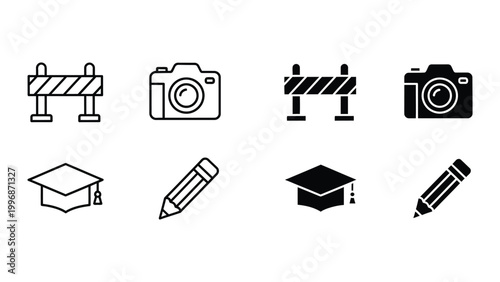 Contrasting icons of construction, photography, education, and their filled counterparts