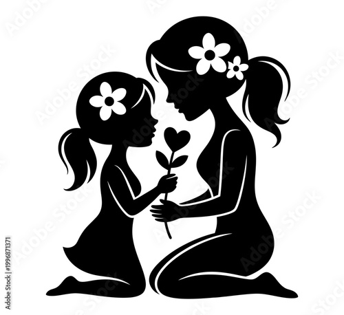 A black silhouette of a mother and daughter sharing a tender moment with a heart-shaped flower, conveying love and affection in a simple yet powerful illustration.