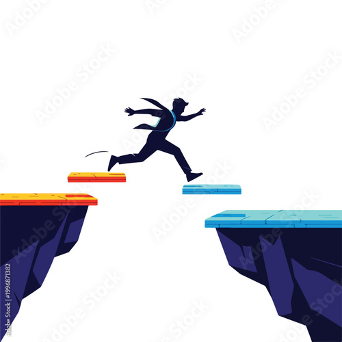 Silhouette businessman jumping across a gap on stepping stones representing career growth and challenges