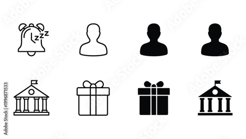 Icons depicting various themes including sleep, people, gifts, and buildings