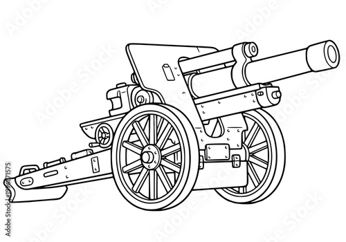 WWII military field howitzer line art, vintage artillery cannon vector illustration