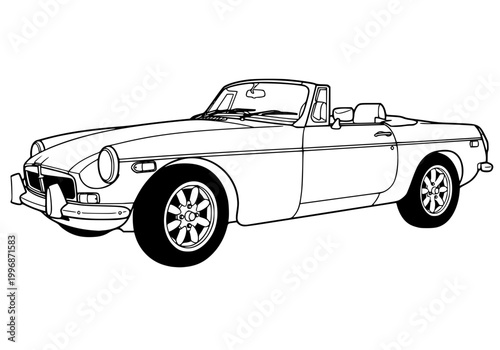 Classic 1970s British sports car line art, vintage convertible roadster vector illustration