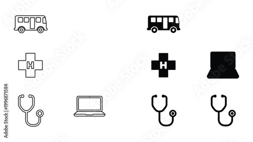 Diverse icons representing healthcare, technology, and transportation services