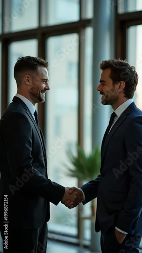 Business men shaking hands with each other after a deal fashion editorial shot, high-fashion imagery, avant-garde aesthetics, editorial storytelling, conveying fashion trends and conc.