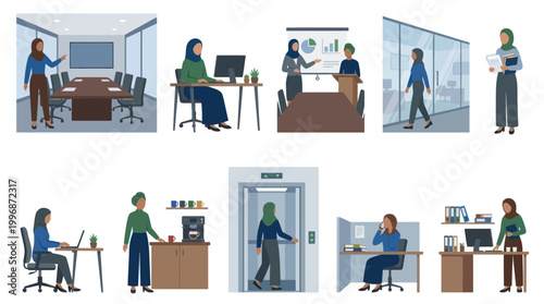 Flat Illustration of Muslim Businesswomen Working in Diverse Office Environments
