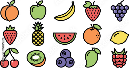 Collection of colorful, flat-style fruit including peach, apple, banana, strawberry, grapes, pineapple, watermelon
