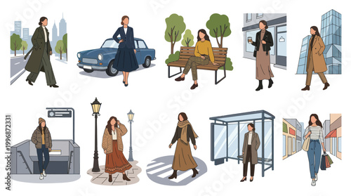 Urban Lifestyle Women Flat Vector Illustration Set - Diverse Female Characters Daily Life