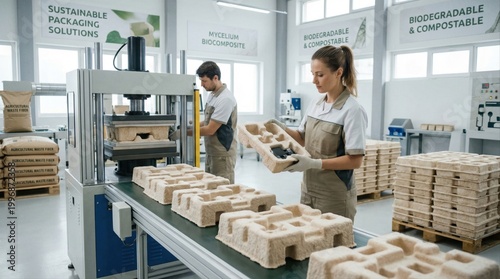Factory workers producing sustainable biodegradable packaging. Female employee inspecting eco-friendly molded pulp tray. Green manufacturing industry concept