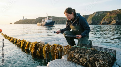 Female aquaculture worker measuring seaweed on a floating farm pontoon. Marine biologist inspecting kelp and oysters with a boat in the background