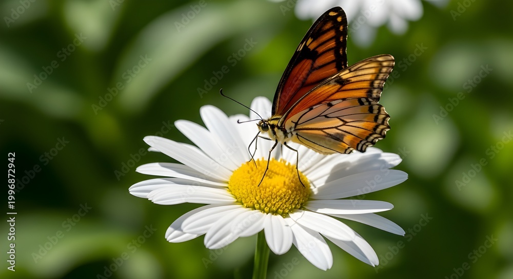 Fototapeta premium Close-up of Butterfly perched on White Daisy Flower in bokeh background