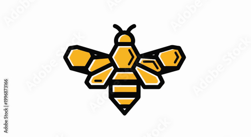 Stylized Honey Bee Icon with Geometric Honeycomb Pattern. Yellow and Black Outline Insect Logo Design Concept.