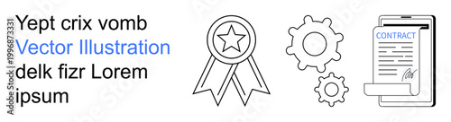 Business agreements, partnership, achievements, workflow management, digital documentation, legal services. Award ribbon, gears and contract on a clipboard. Business agreements and achievements