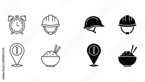 Icons representing safety, time, and food locations with bowls of different meals
