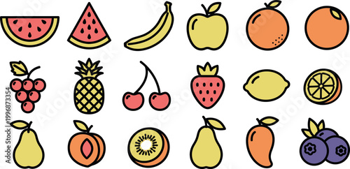 Collection of stylized fruit watermelon, banana, apple, orange, grapes, pineapple, cherries, strawberry, lemon