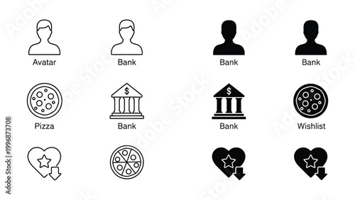 Visual icons representing user avatars, banks, pizza, and wishlist functionalities