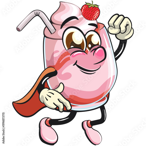 cute strawberry smoothie mascot character as flying superhero, funny milkshake drink cartoon vector illustration with straw isolated, work of hand drawn