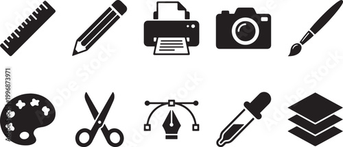 Black and white set with office and productivity symbols on a white background, clipboard document