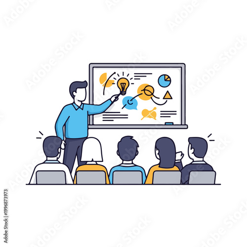 Business presentation with teacher explaining idea on whiteboard to attentive audience in classroom setting