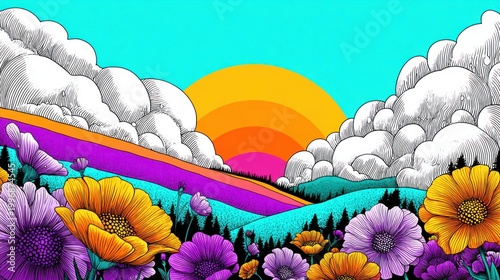 Vibrant psychedelic landscape with colorful flowers and a retro sunset