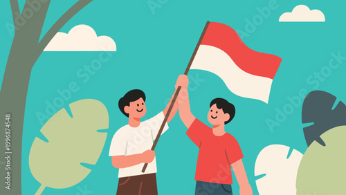Illustration Of Indonesian Youth Waving The Flag Vector Design Template