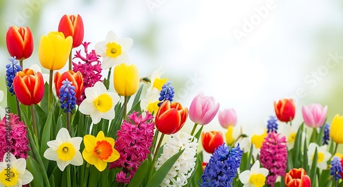 Vivid, sunlit garden bursting with tulips, daffodils, and hyacinths in full bloom