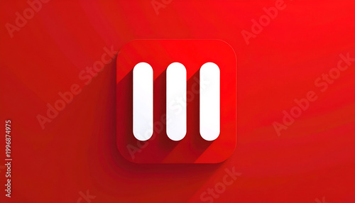 Minimalist Three White Vertical Bars on Red Background with Shadow.