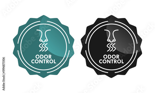 Odor control seal logo featuring a nose and scent waves. Professional circular badge for air fresheners, hygiene products, and neutralizer packaging. Vector illustration.