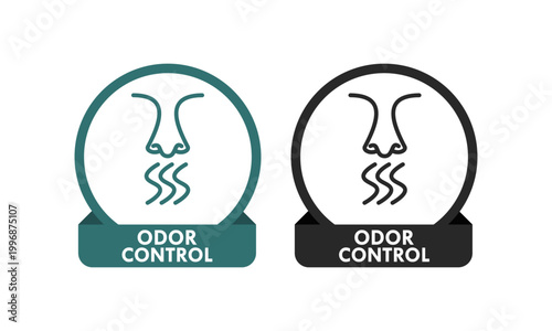 Odor control seal logo featuring a nose and scent waves. Professional circular badge for air fresheners, hygiene products, and neutralizer packaging. Vector illustration.