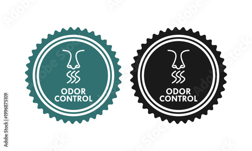 Odor control seal logo featuring a nose and scent waves. Professional circular badge for air fresheners, hygiene products, and neutralizer packaging. Vector illustration.