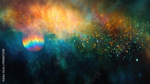 Abstract granular textured background with blurry vibrant light reflections, blue-green rainbow gradient on lower left, large soft blue purple yellow circular glow on right, vivid orange red light fla