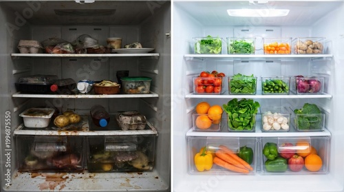 Dirty and clean refrigerator interior comparison before and after cleaning