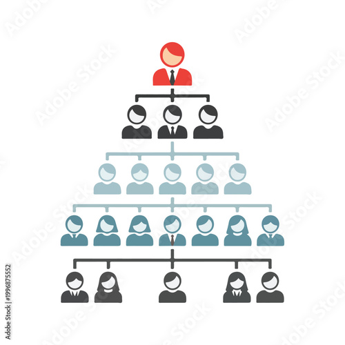 Hierarchical organizational chart showing business structure with employees and management levels, flat design illustration
