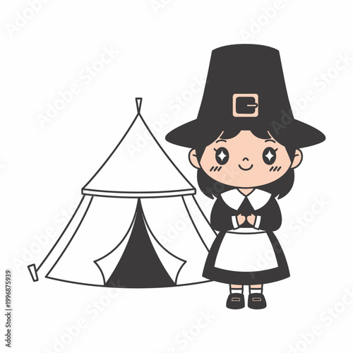 Cartoon girl wearing pilgrim hat.