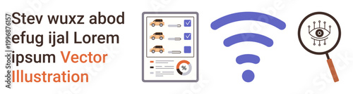 Data protection, online access, cybersecurity, information management, privacy, document verification. Set features a checklist, magnifying glass with eye and wireless signal. Data protection
