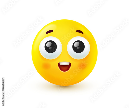3d cute emoji with big shiny eyes and open mouth, vector realistic yellow wonder face character for admiration, cuteness and hope expression